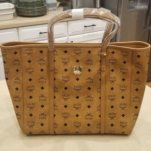 NWT MCM VISETOS COGNAC LEATHER SHOPPER HANDBAG BAG PURSE